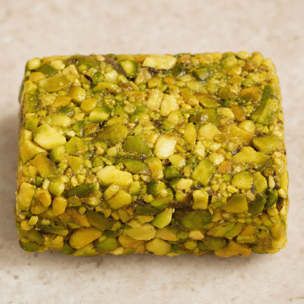 A compact rectangular bar made of tightly packed, chopped pistachio pieces in shades of green and beige, with a slightly glossy, uneven surface and visible nut fragments.
