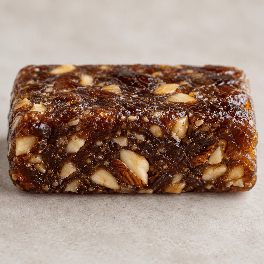 A compact, rectangular dark-brown date bar with a dense, slightly glossy surface and small pieces of nuts visible throughout.