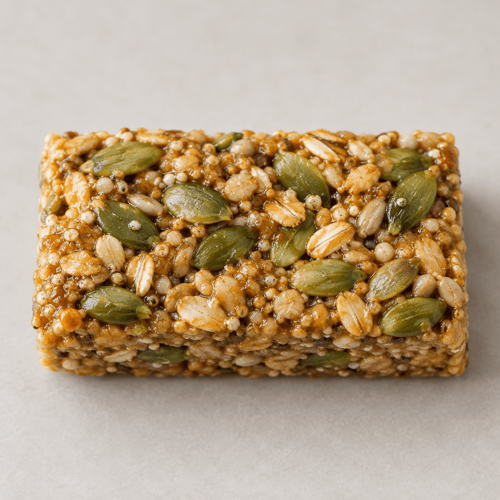 A compact rectangular cereal bar with a golden-brown, glossy surface studded with flat green pumpkin seeds and small visible grains.