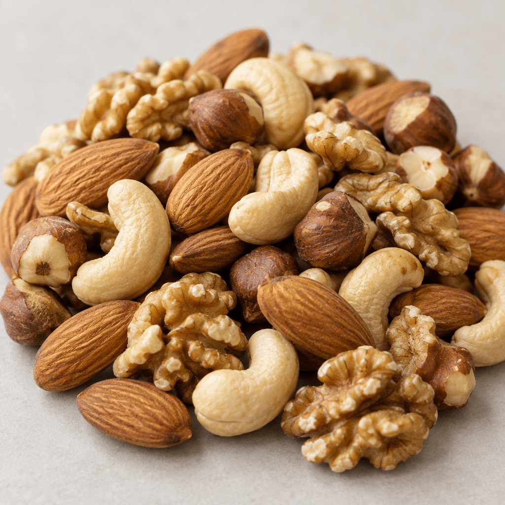 A loose assortment of whole and halved nuts, including smooth brown almonds, curved pale cashews, ridged walnut pieces and round hazelnuts, is piled together in varied tan and brown tones.