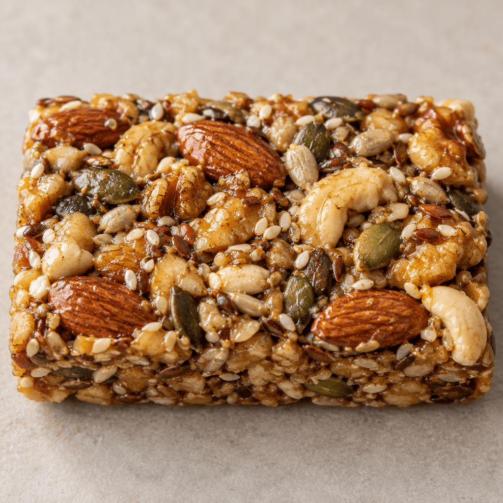 A compact rectangular bar of whole and chopped nuts and seeds pressed together, with an irregular, bumpy surface and warm golden-brown tones.
