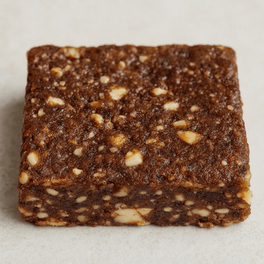 A compact, rectangular brown bar with a slightly uneven, dense-looking surface and small pale nut pieces visible throughout.