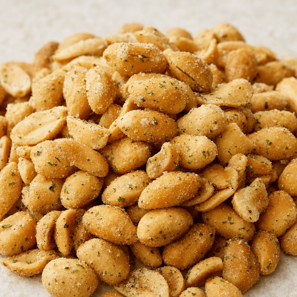 Golden-brown peanut kernels with an uneven, lightly powdery coating of pale ranch seasoning and fine green herb flecks, scattered in a small pile.