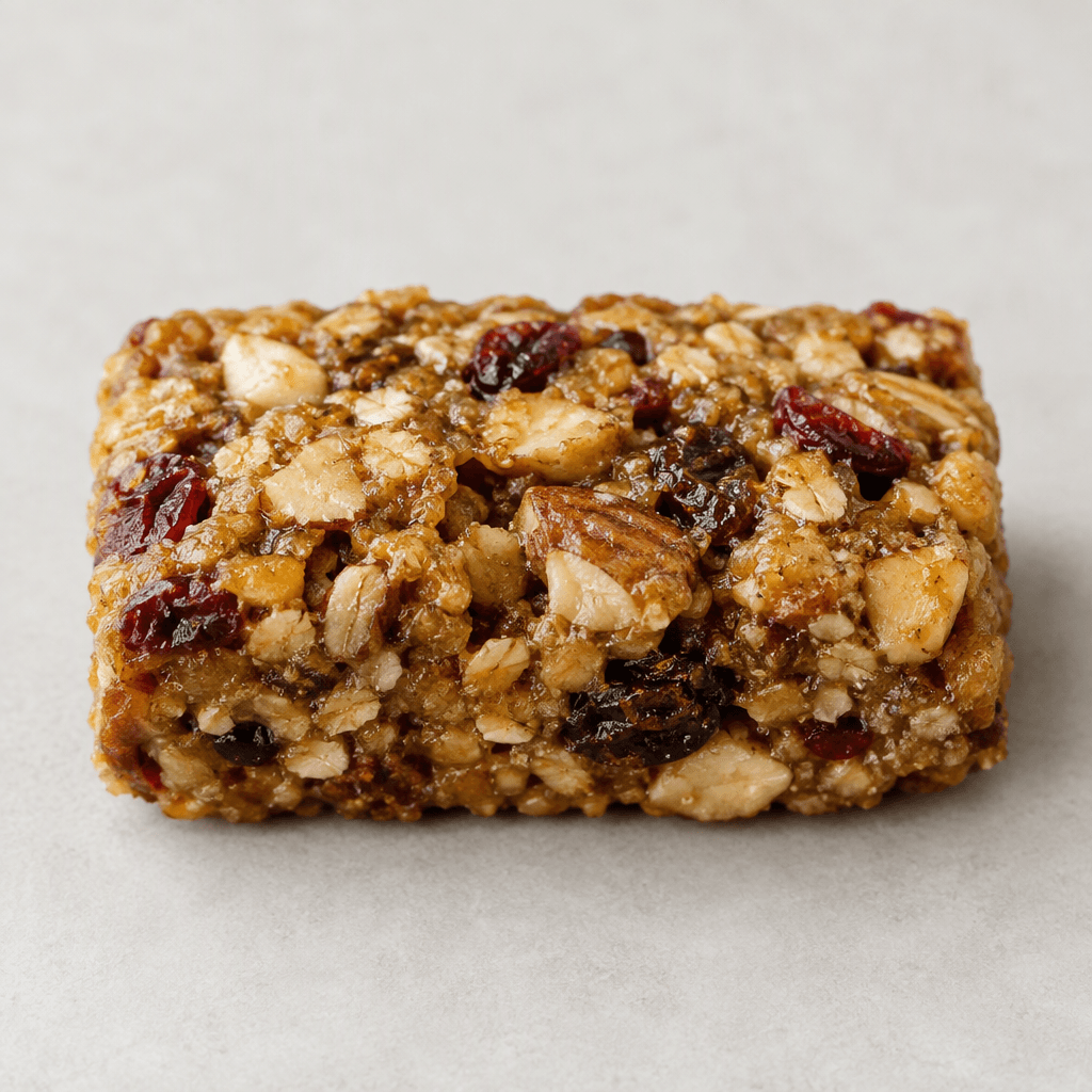 A compact, roughly rectangular golden-brown bar with a dense, uneven surface dotted with visible pieces of nuts and dried fruit.