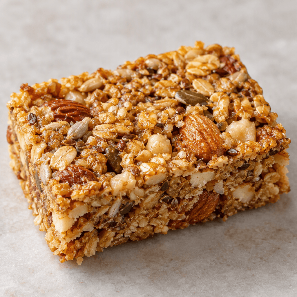 A compact rectangular golden-brown snack bar with an uneven, densely packed surface dotted with visible nuts and grains and slightly crumbly edges.