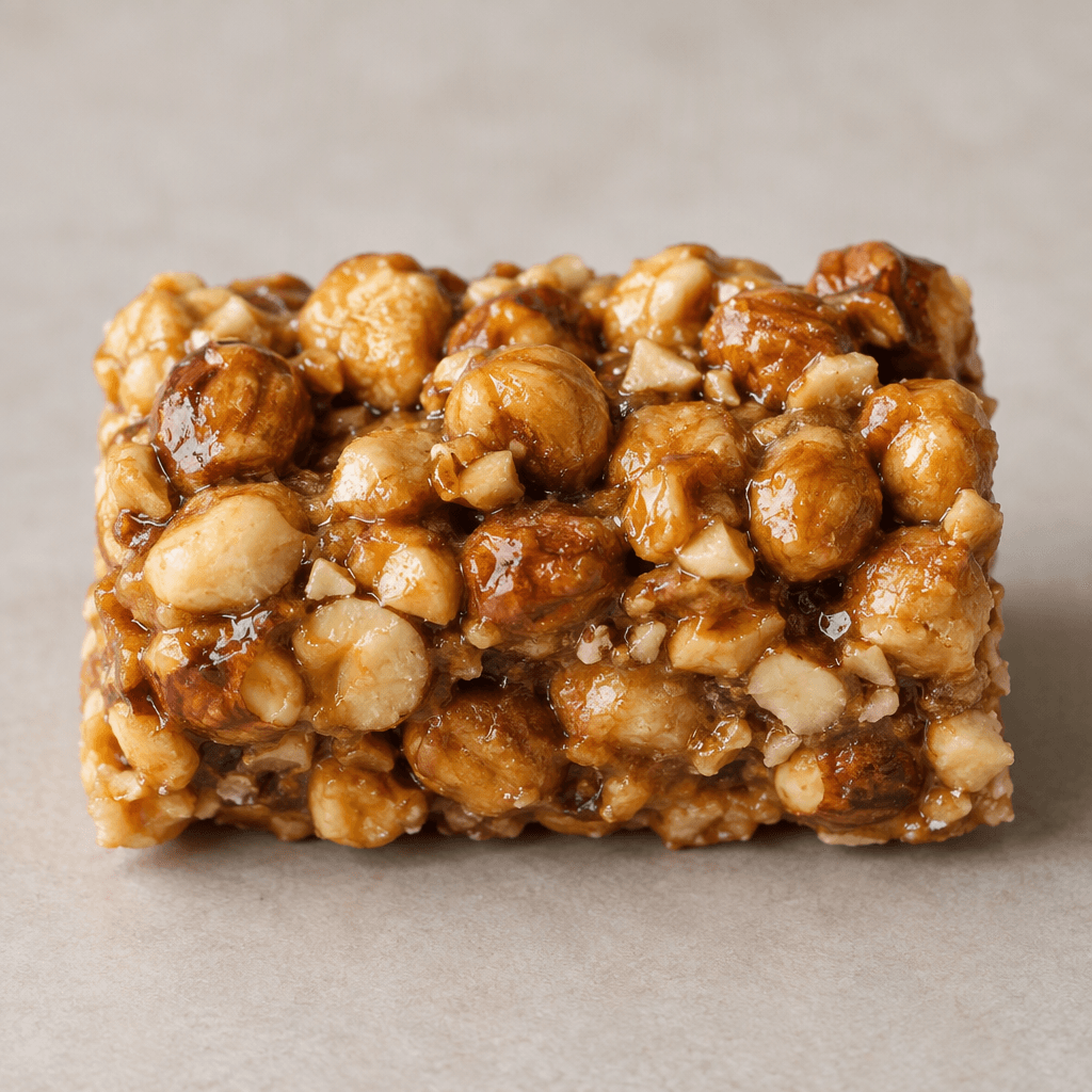 A compact rectangular bar with an uneven, bumpy surface, made of closely packed golden-brown hazelnut pieces.