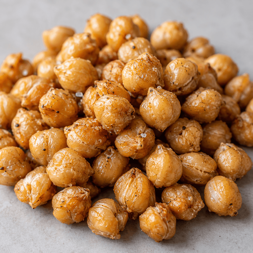 A loose pile of small, round, pale golden-beige chickpeas with slightly wrinkled, blistered surfaces and a few visible flecks of salt.