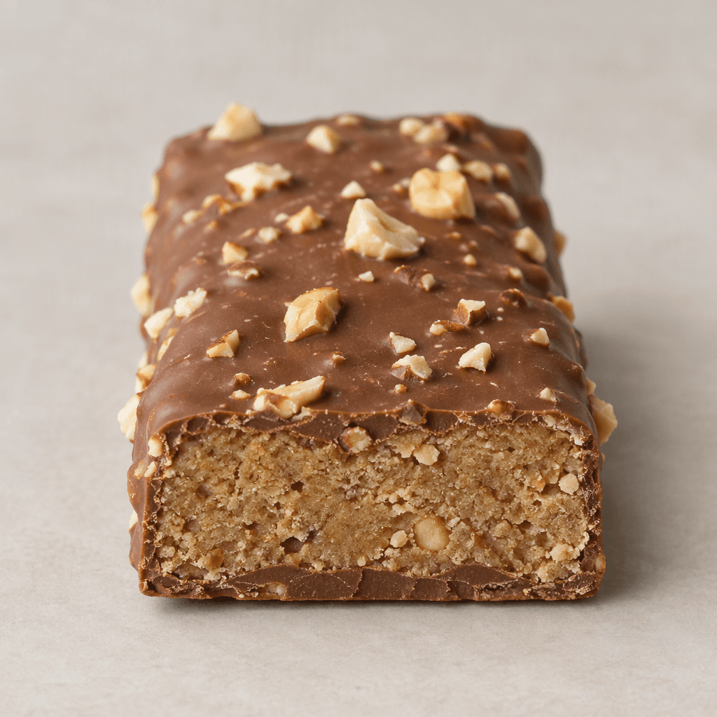 A rectangular hazelnut bar with a firm, smooth milk-chocolate-brown surface, scattered with small pieces of hazelnut and cut to reveal a dense, pale-brown interior.