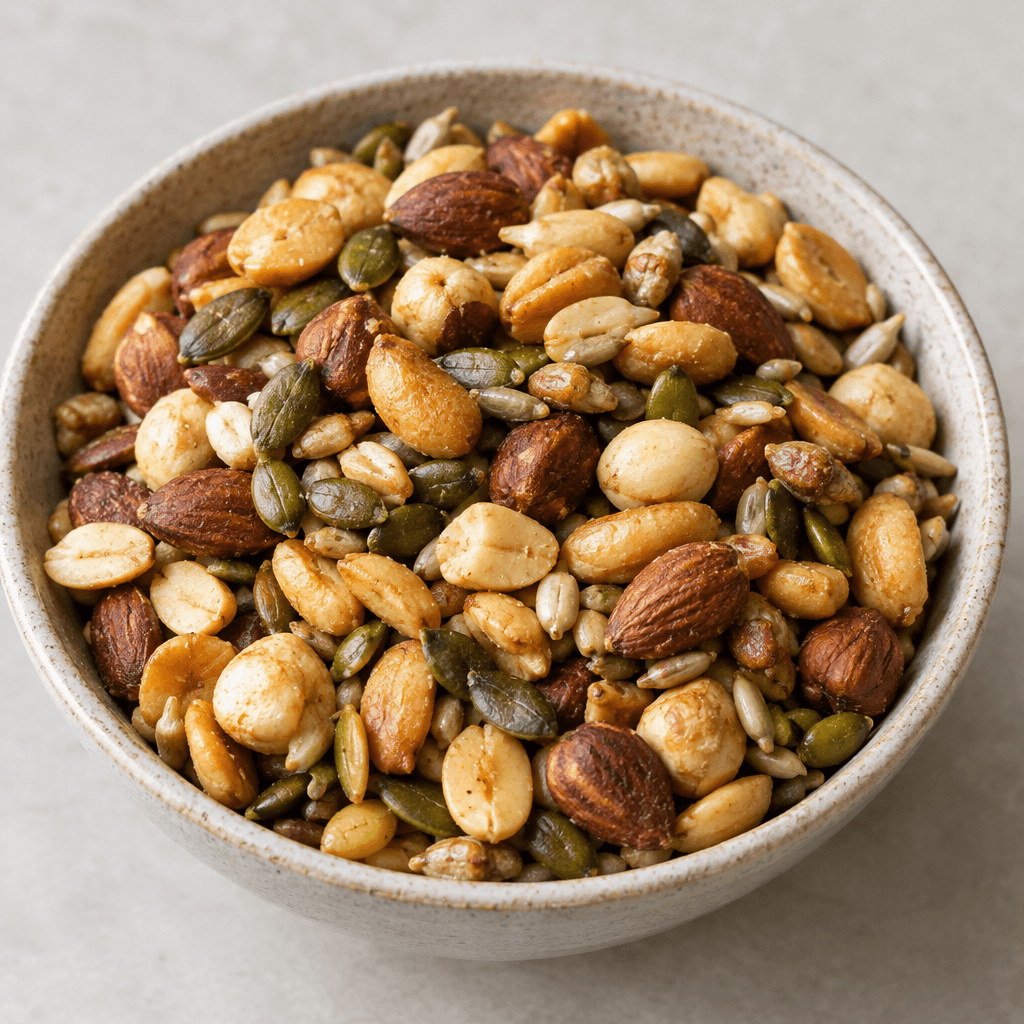 A loose mix of small golden roasted nuts and seeds, with pale kernels, darker brown pieces, and scattered greenish seeds, piled together in a shallow bowl.