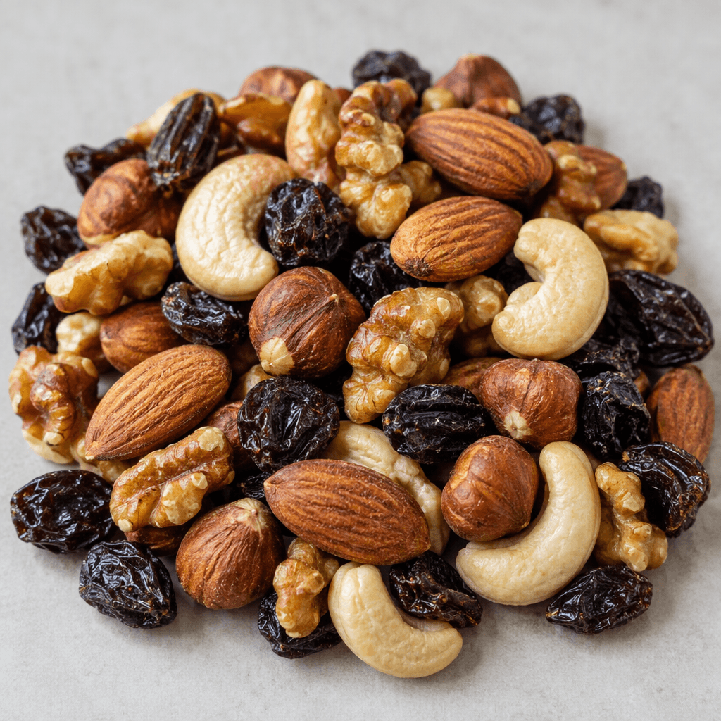 A loose mix of golden-brown and reddish-brown nuts, including curved pale pieces and small rounded kernels, scattered among dark, wrinkled raisins.