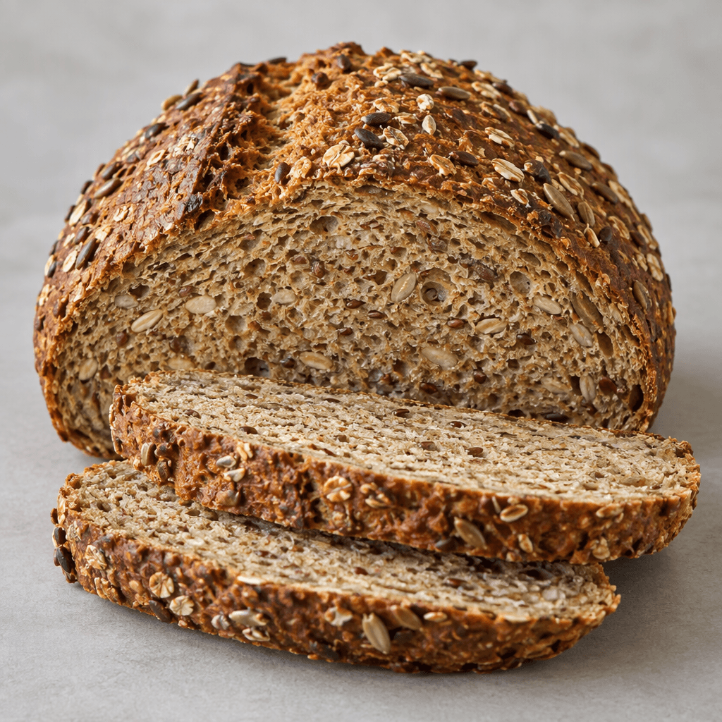 A rustic loaf of grain bread with a thick, deeply browned crust, a dense tan-brown crumb, and visible whole grains and seeds scattered throughout and across the top, sliced into sturdy pieces and arranged on a plain surface.