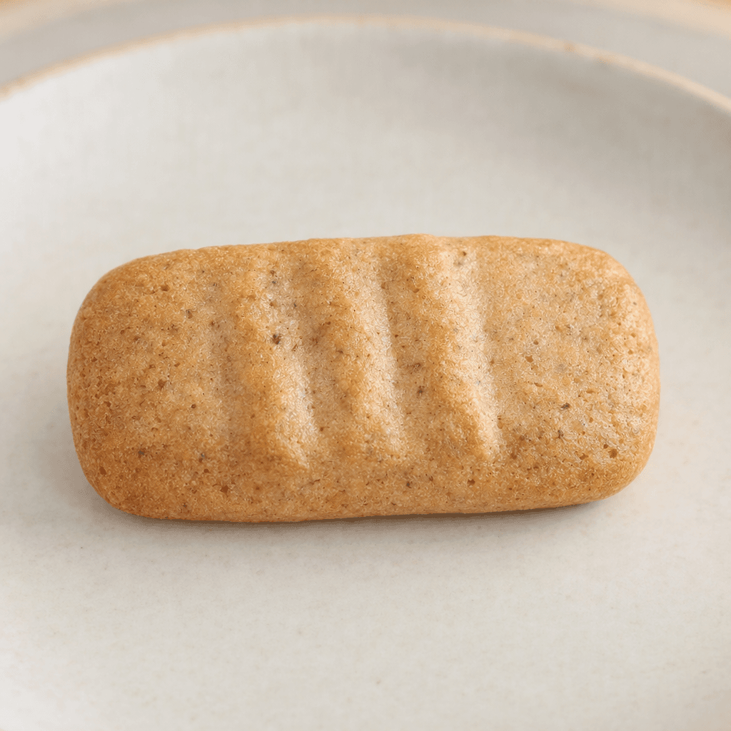 A small, lightly golden, finger-shaped biscuit with rounded corners, a gently stamped surface and tiny darker grain flecks, resting on a plain plate.