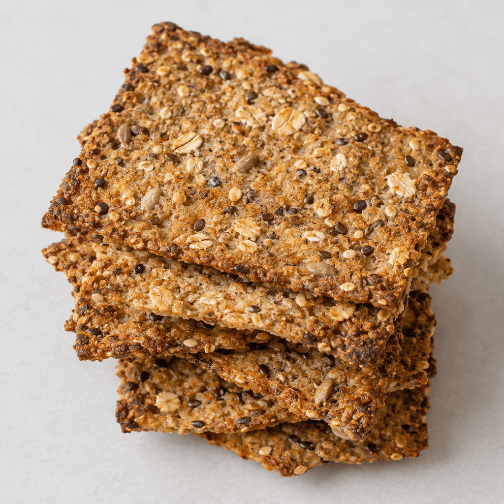 Several thin, irregularly rectangular multigrain crackers are stacked slightly overlapping, with a warm golden-brown surface, darker toasted edges, and visible flecks of oats, seeds, and coarse grains throughout.