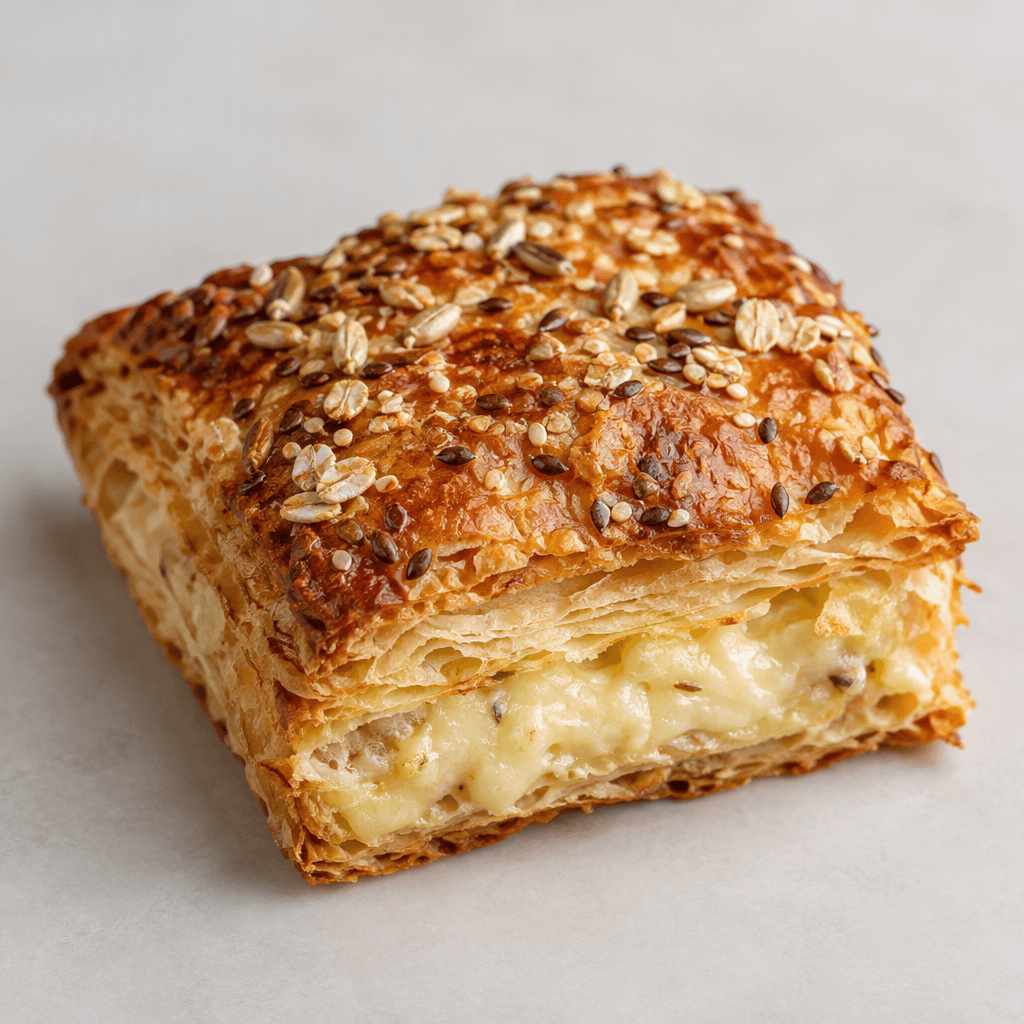 A golden-brown, layered pastry with a visibly flaky crust, pale melted cheese filling, and scattered whole grains on top, served as a compact rectangular piece.