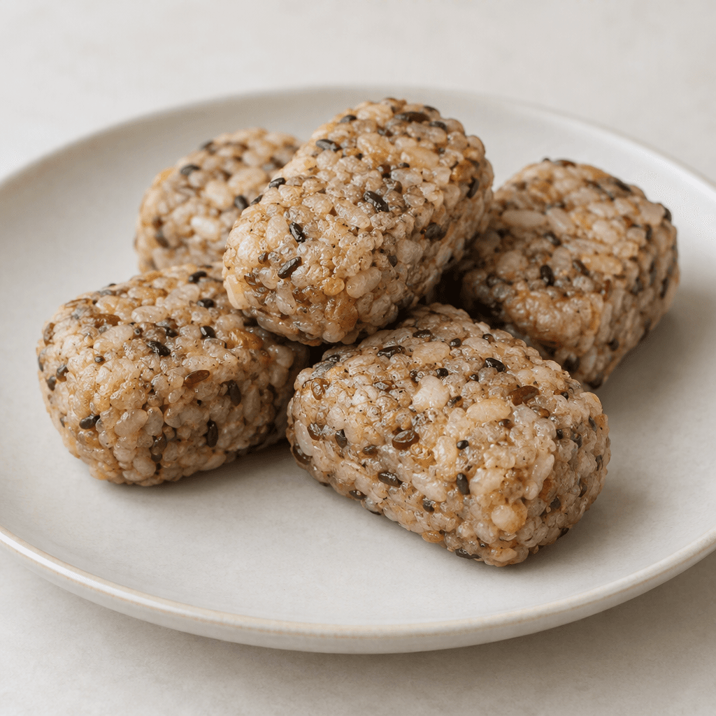 Small, compact rice cakes with a softly rounded rectangular shape, a mottled beige-to-brown surface, and visible flecks of mixed grains, arranged together on a plain plate.