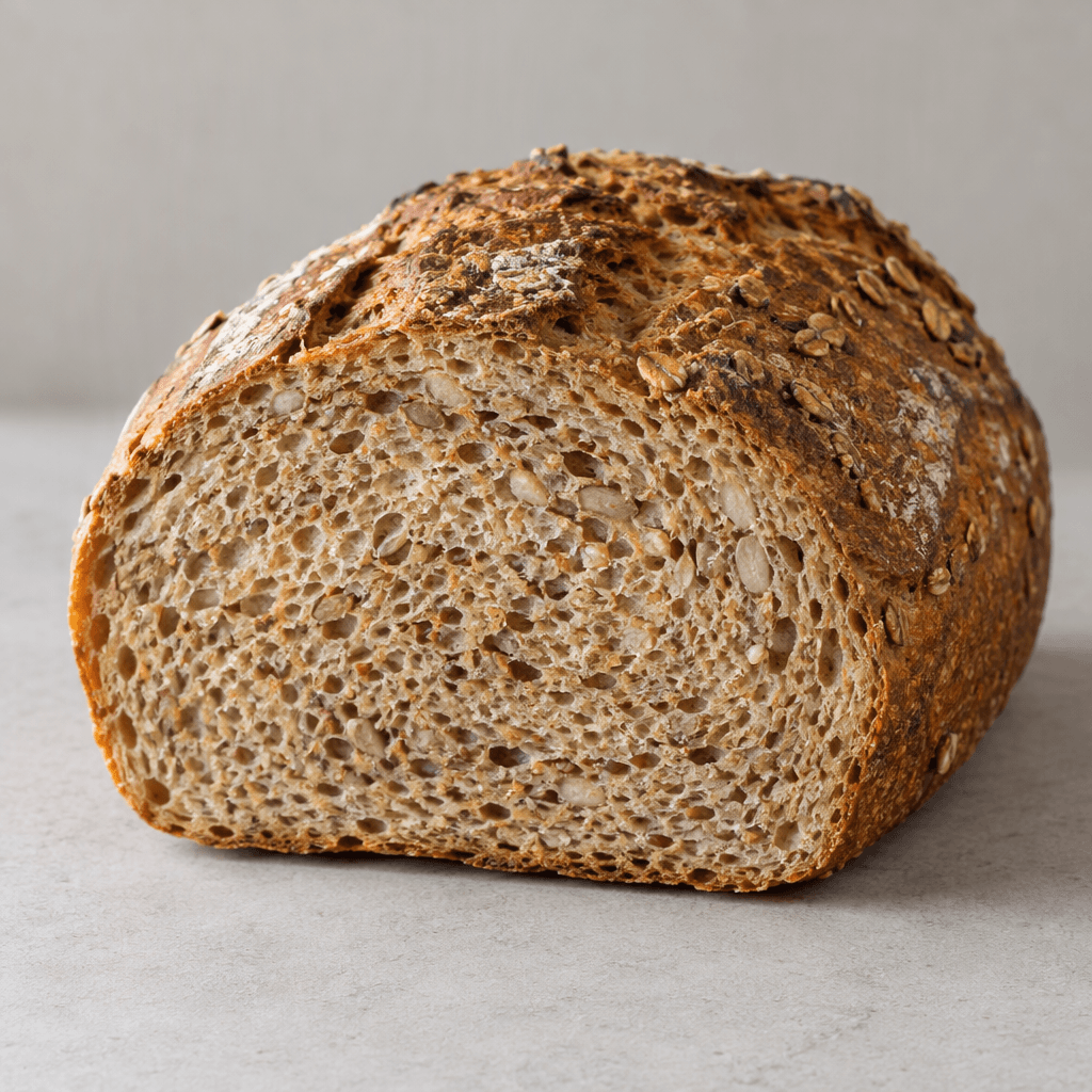 A rustic, thick-sliced loaf with a deep golden-brown crust and a dense beige-brown crumb visibly studded with whole wheat grains and small seeds, arranged on a plain surface.
