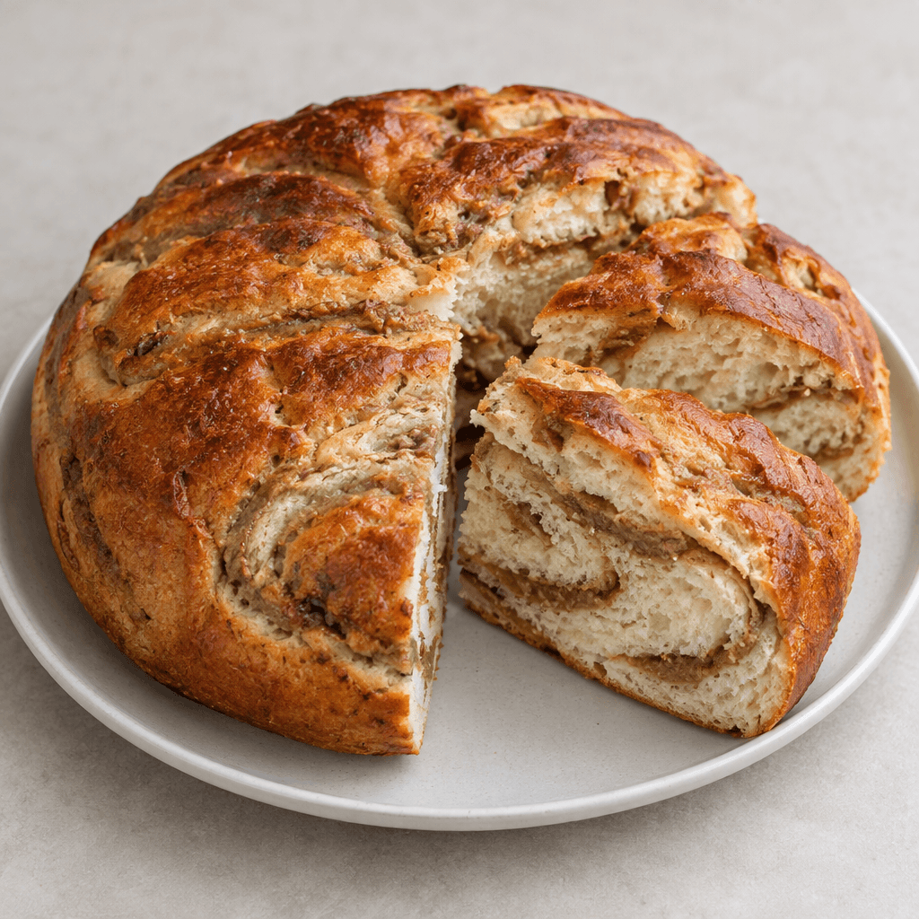 A round, slightly flattened golden-brown bread with a crisp, uneven crust and visible dark beige tahini swirls layered through its soft, pale interior, served in thick wedges on a plate.