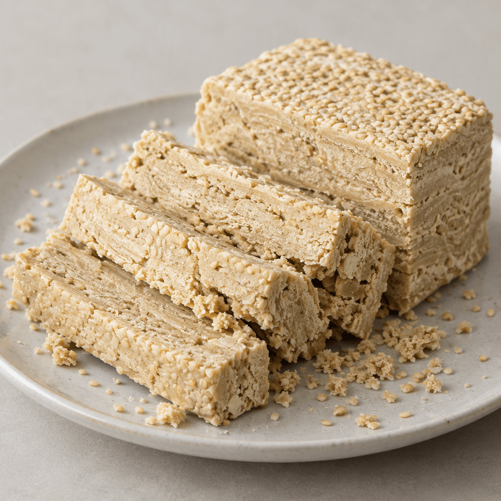 A compact ivory-beige block of sesame confection with a dry, crumbly, layered texture, cut into thick slices and served on a plate with loose crumbs scattered around it.