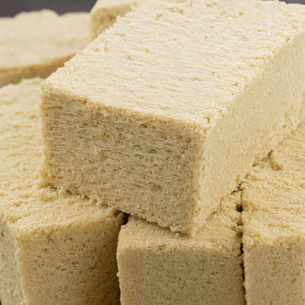 A pale beige, dense block of sesame halva, cut into thick rectangular pieces with a fine, fibrous, slightly crumbly surface and subtle layered strands.