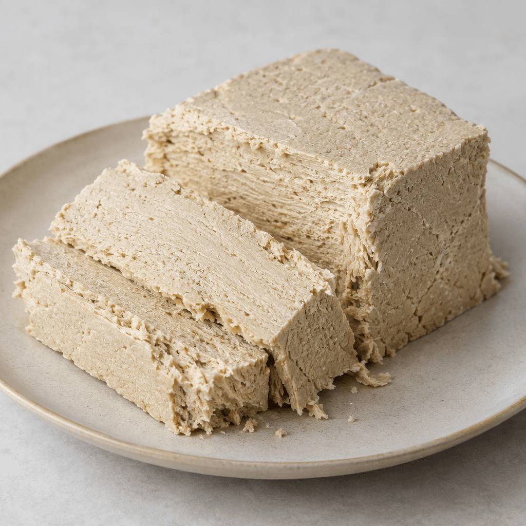 A pale beige block of tahini halva sits on a plate, cut into thick pieces with a matte, finely fibrous surface that flakes slightly at the edges.