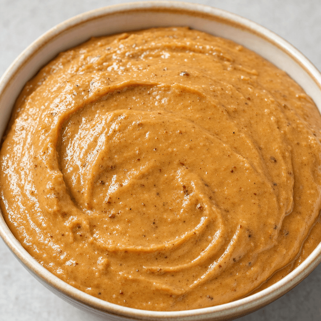 A smooth, thick, glossy paste in a shallow bowl, pale golden brown with darker toasted flecks and a slight sheen.