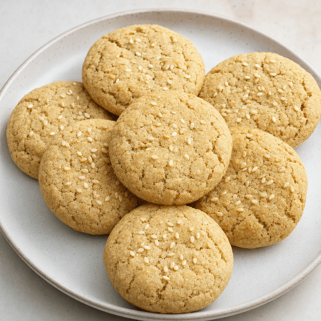 Several small, round, slightly flattened cookies with a pale golden-brown, softly cracked surface and scattered sesame seeds are arranged on a plain plate.