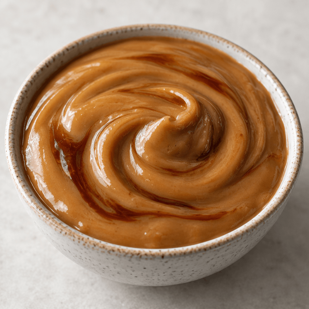 A thick, glossy tan-brown sauce with a smooth, creamy surface and faint darker molasses swirls, served in a small bowl.