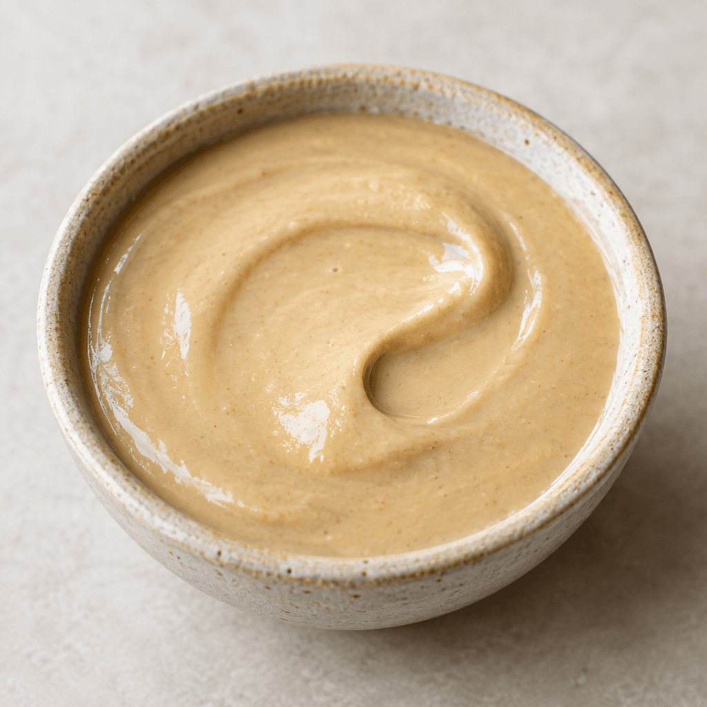 A thick, smooth, glossy sesame paste in a small bowl, pale beige with a faint golden tint.