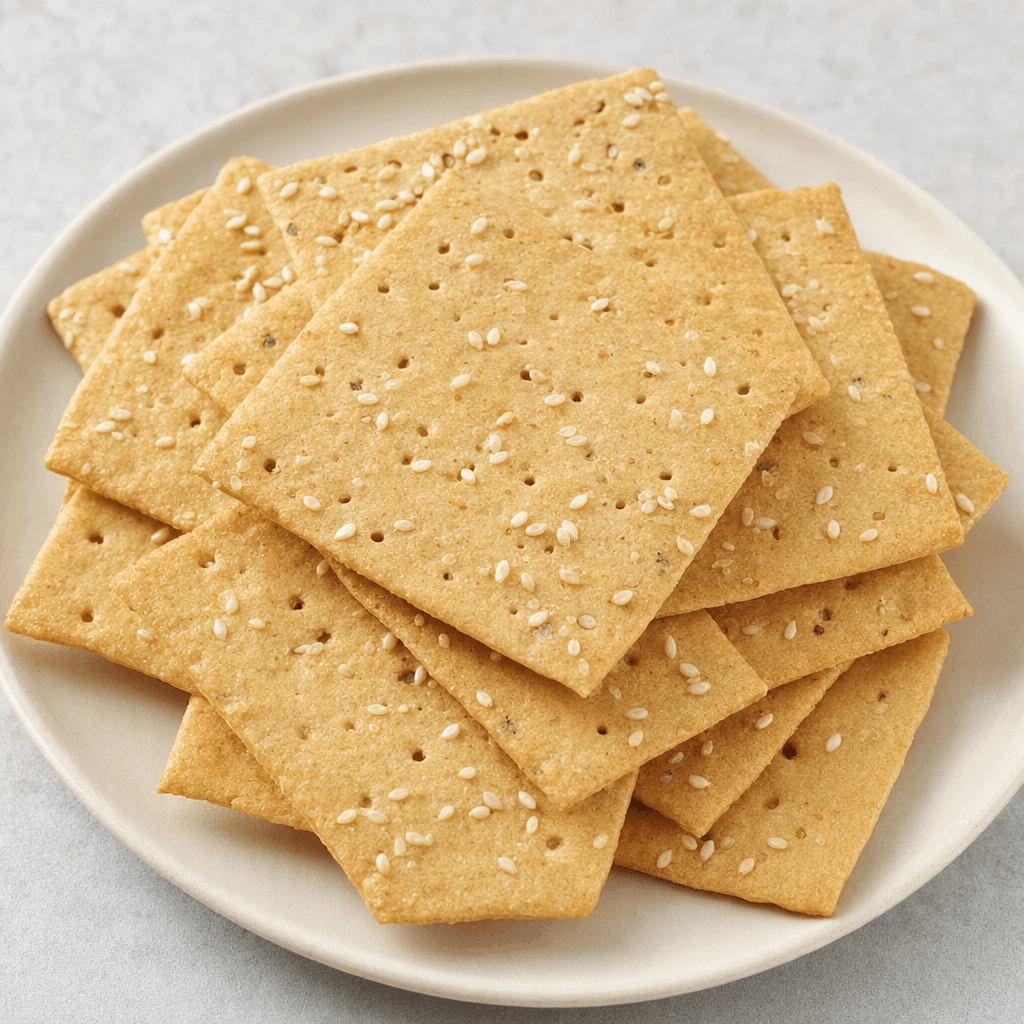 Thin, pale golden-brown crackers with a dry, slightly rough surface, scattered sesame seeds and small pinholes are stacked loosely on a plain plate.
