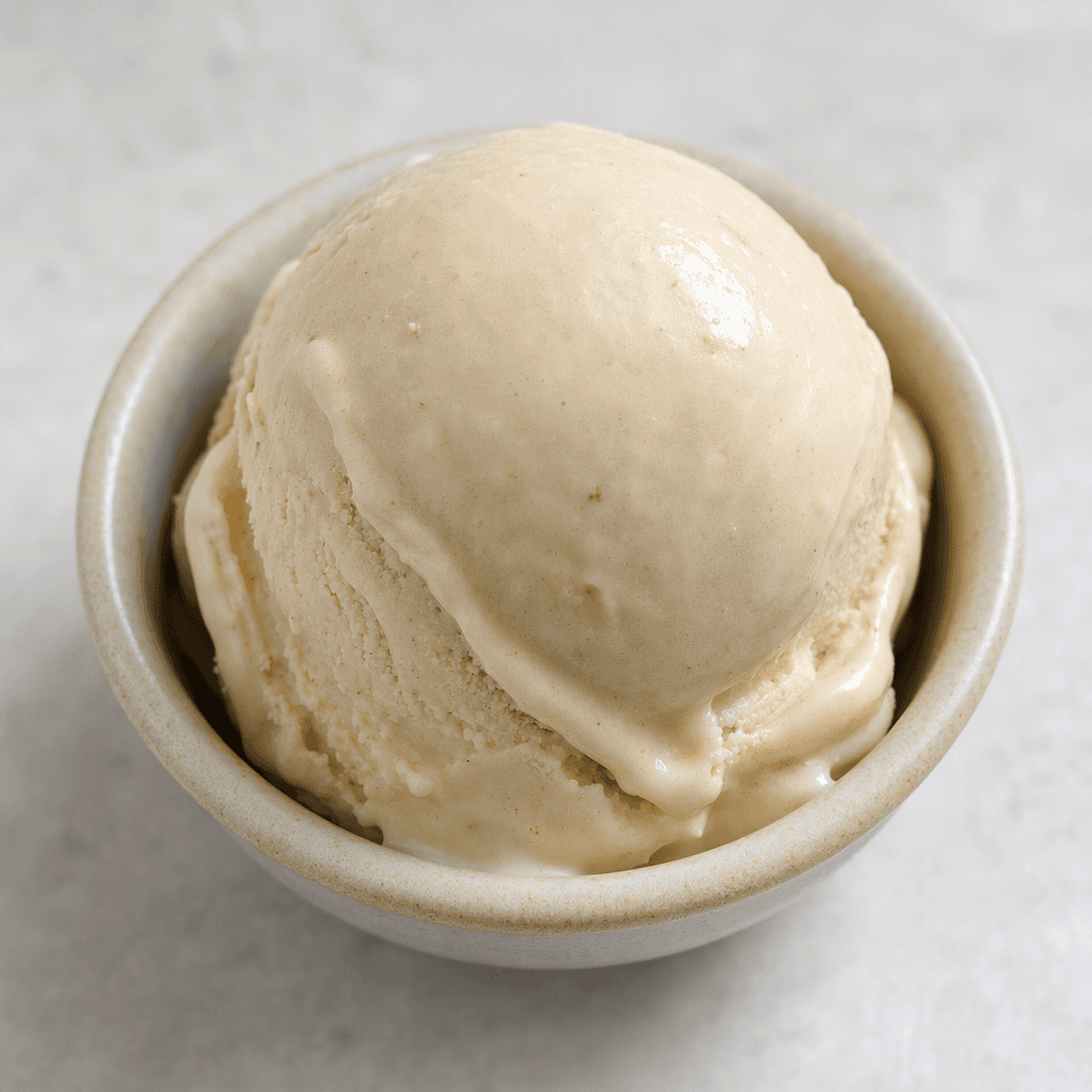 A scoop of pale beige tahini ice cream with a smooth, creamy surface and faint swirls, served in a small dish.