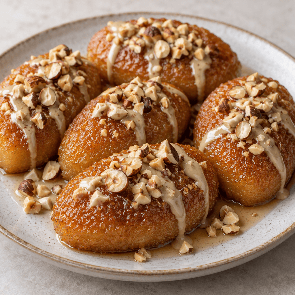 Golden-brown oval cheese-and-semolina cakes sit on a plate, their glossy syrup-darkened surfaces topped with a drizzle of beige tahini and a scattering of chopped hazelnuts.