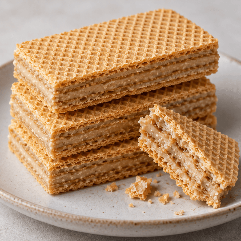 Rectangular golden wafer sheets are layered with thin bands of beige tahini filling, their crisp, finely gridded surfaces visible on a plate beside a broken piece showing the layers.