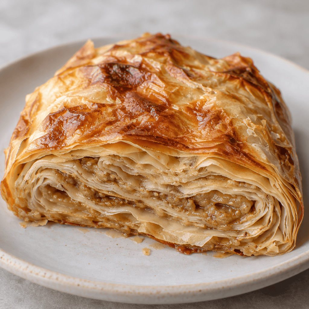 A thin, folded pastry with crisp, flaky layers and patches of golden-brown browning, its cut edges revealing pale layers streaked with beige tahini, served on a plate.