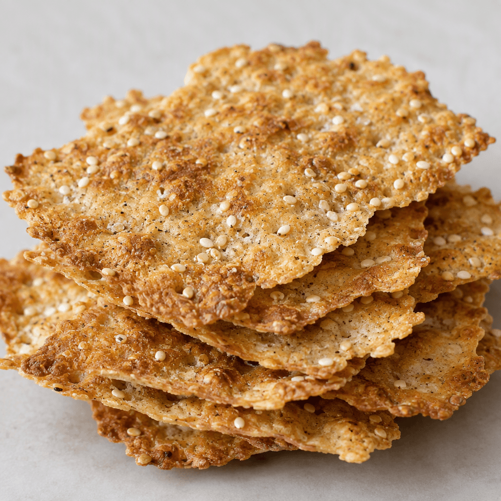 Thin, crisp, irregularly shaped golden-brown crackers with a lightly blistered surface, scattered sesame seeds and visible fine crumb, arranged in a small overlapping stack.