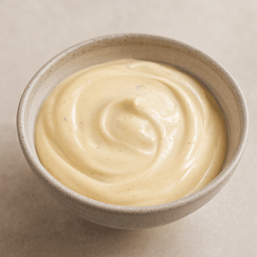 A smooth, creamy pale-beige dressing with a slight sheen, gathered in a small bowl.
