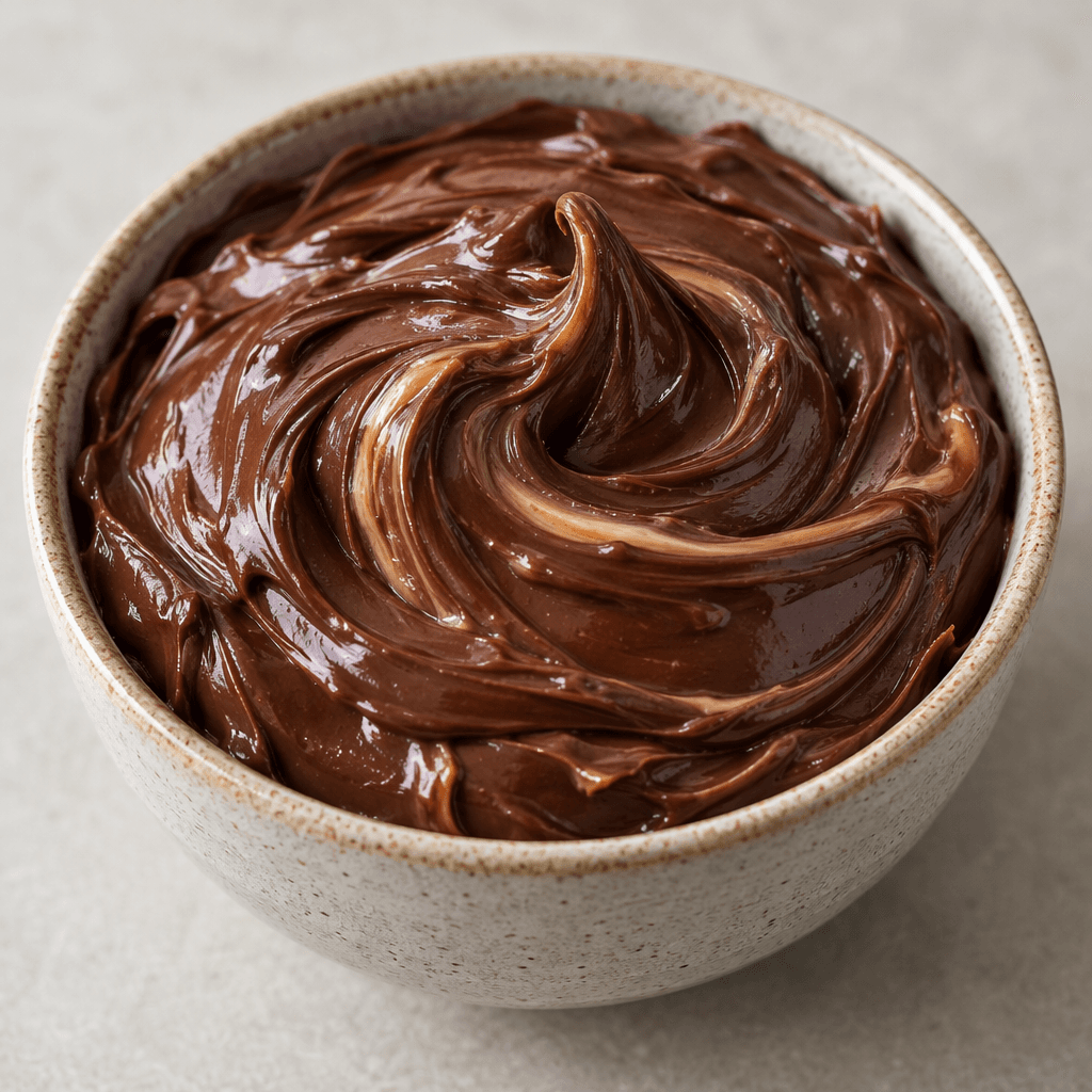A thick, glossy, deep brown mixture with a smooth, creamy texture and faint lighter tan streaks, gathered in a small bowl.