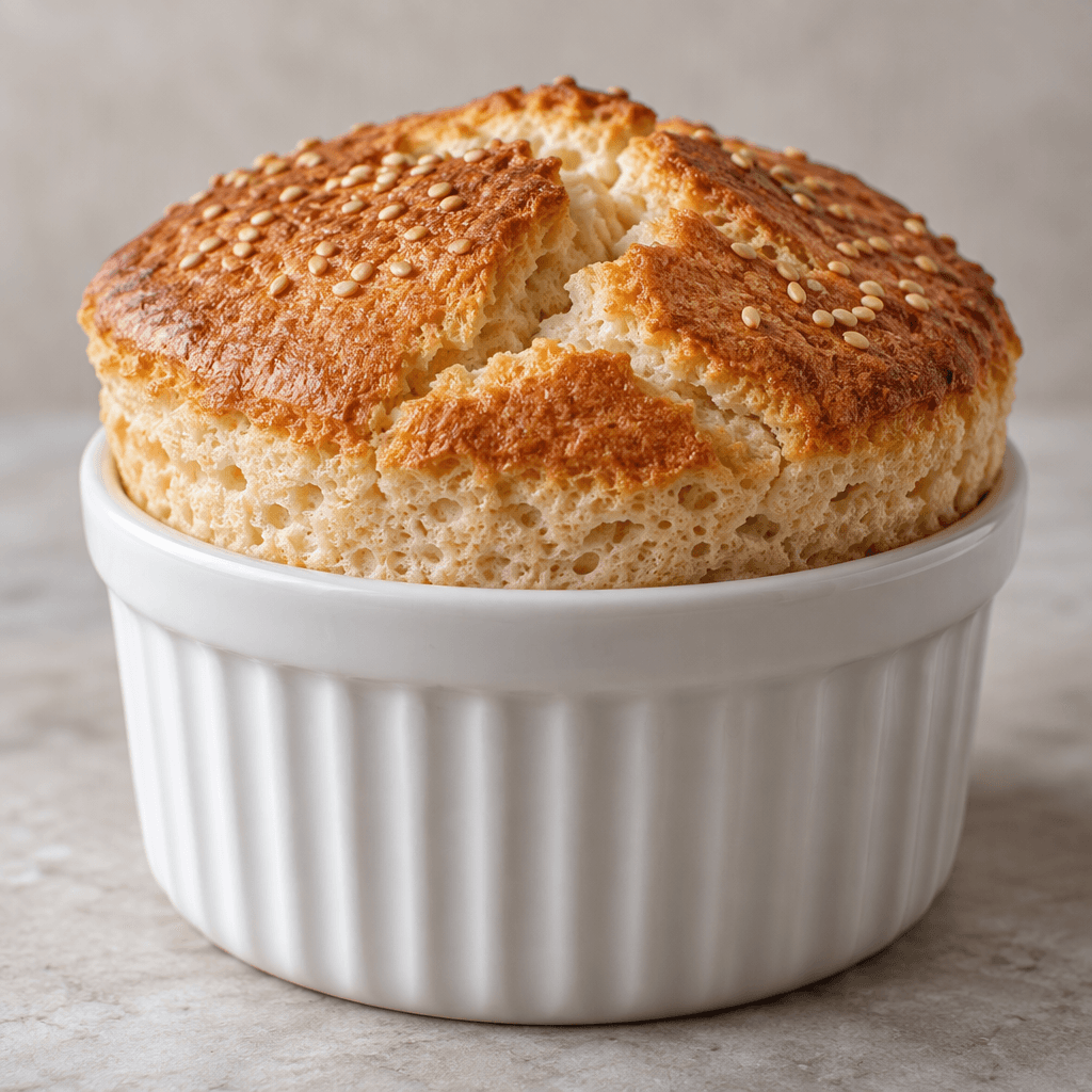 A small tahini soufflé rises above the rim of a ramekin, with a softly domed, lightly cracked golden-brown top and a pale beige, airy interior visible at the edges.
