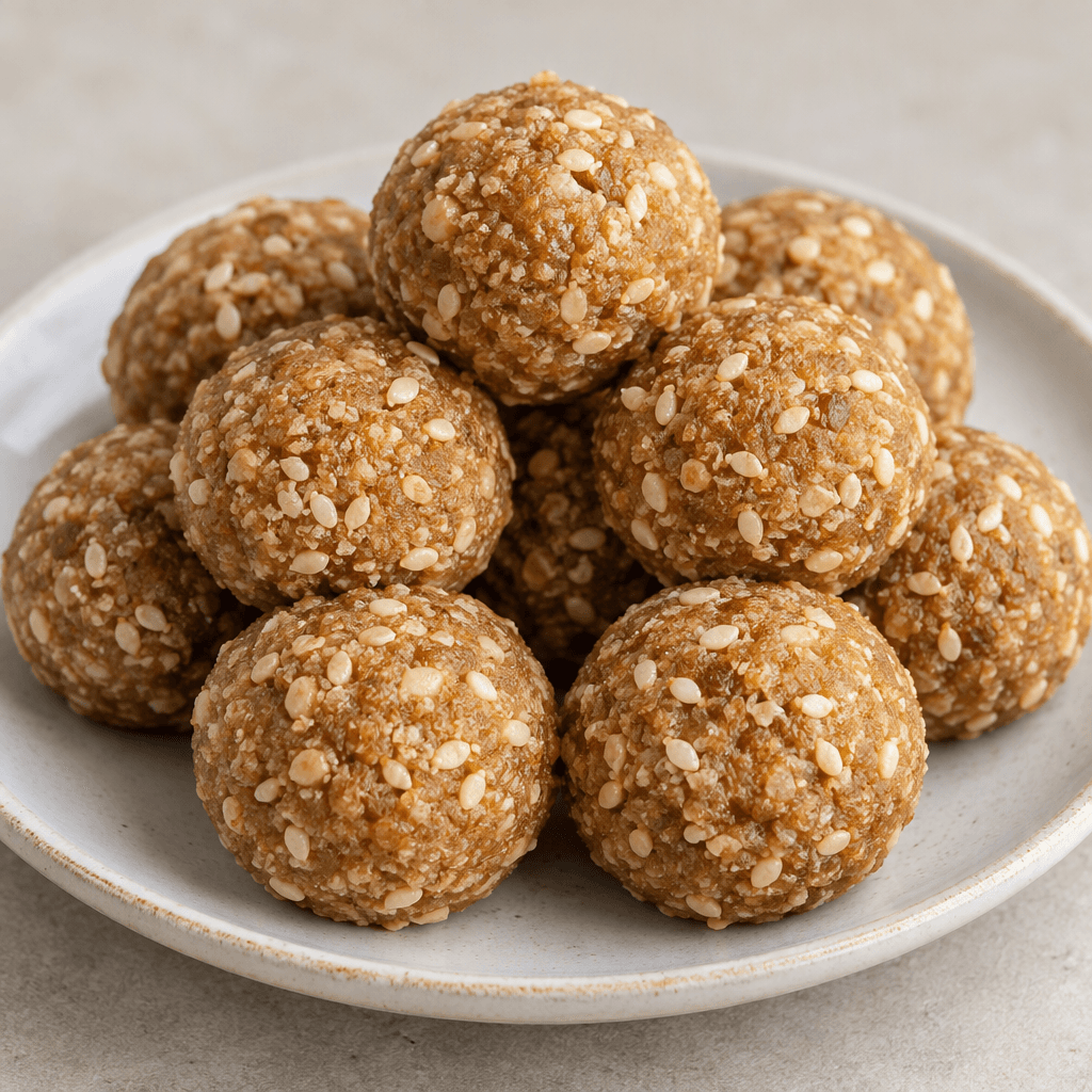 Small, round, tan-brown sweets with a slightly rough, crumbly-looking surface are arranged on a plate, with pale sesame seeds visible on their exterior.