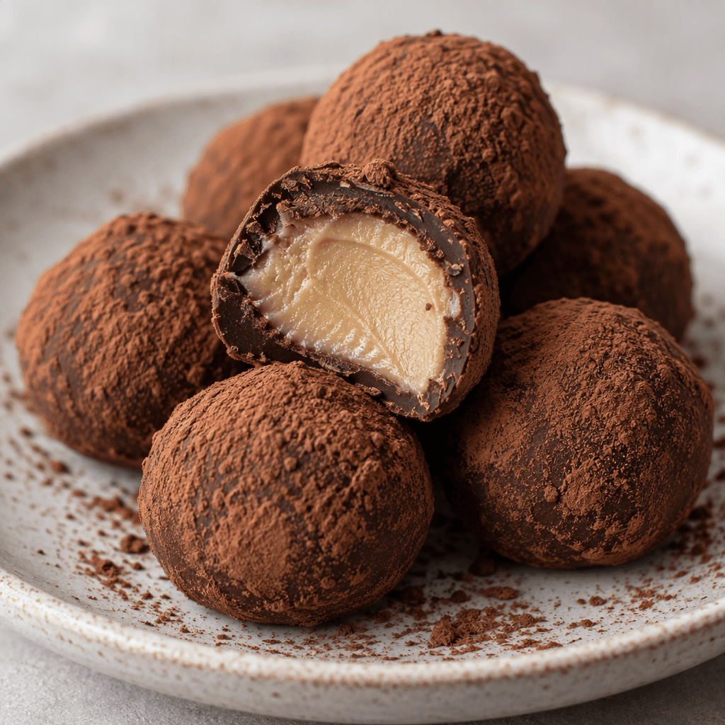 Small, round dark-chocolate truffles, lightly dusted with cocoa, sit on a plate, with one cut open to show a smooth, pale beige tahini center.