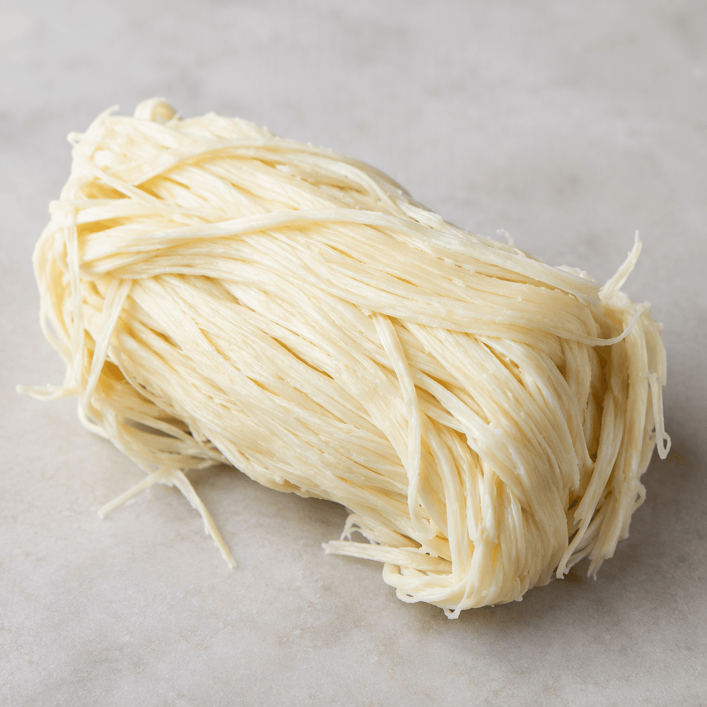 A pale ivory cheese lies in a compact, elongated bundle, its soft surface separating into fine layered strands with a few wispy ends.