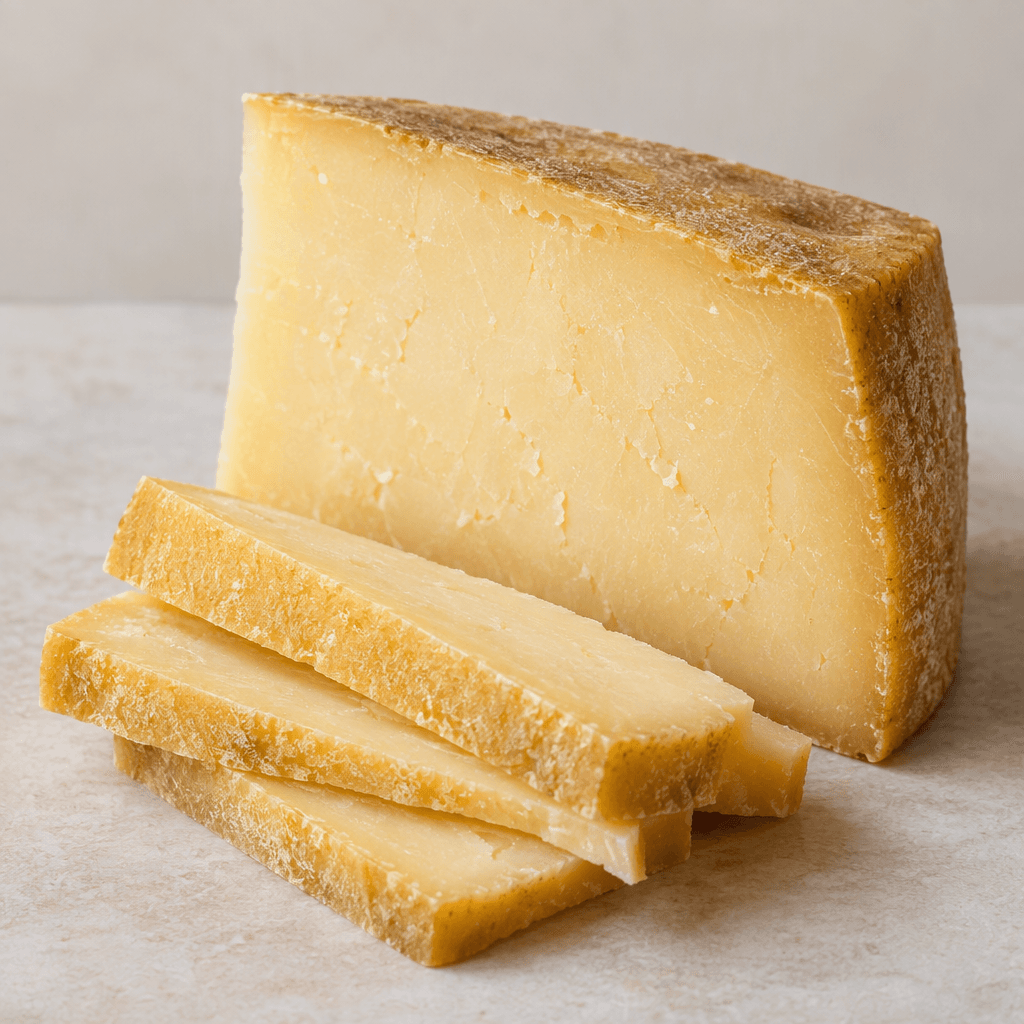A firm wedge of pale straw-yellow aged cheese, with a smooth, dense cut surface and a slightly darker golden outer edge, sits beside a few thick slices.