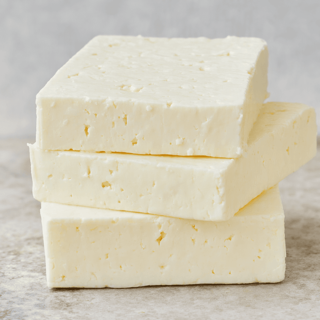 Thick, ivory-white rectangular pieces of cheese with a firm, compact surface, a few tiny irregular holes, and slightly crumbly cut edges.