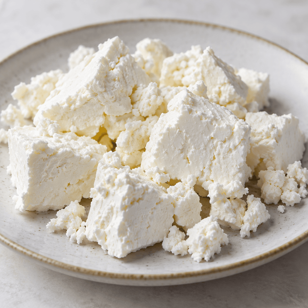 Soft, bright-white cheese with a moist, slightly crumbly surface, formed into small uneven pieces and served on a plate.