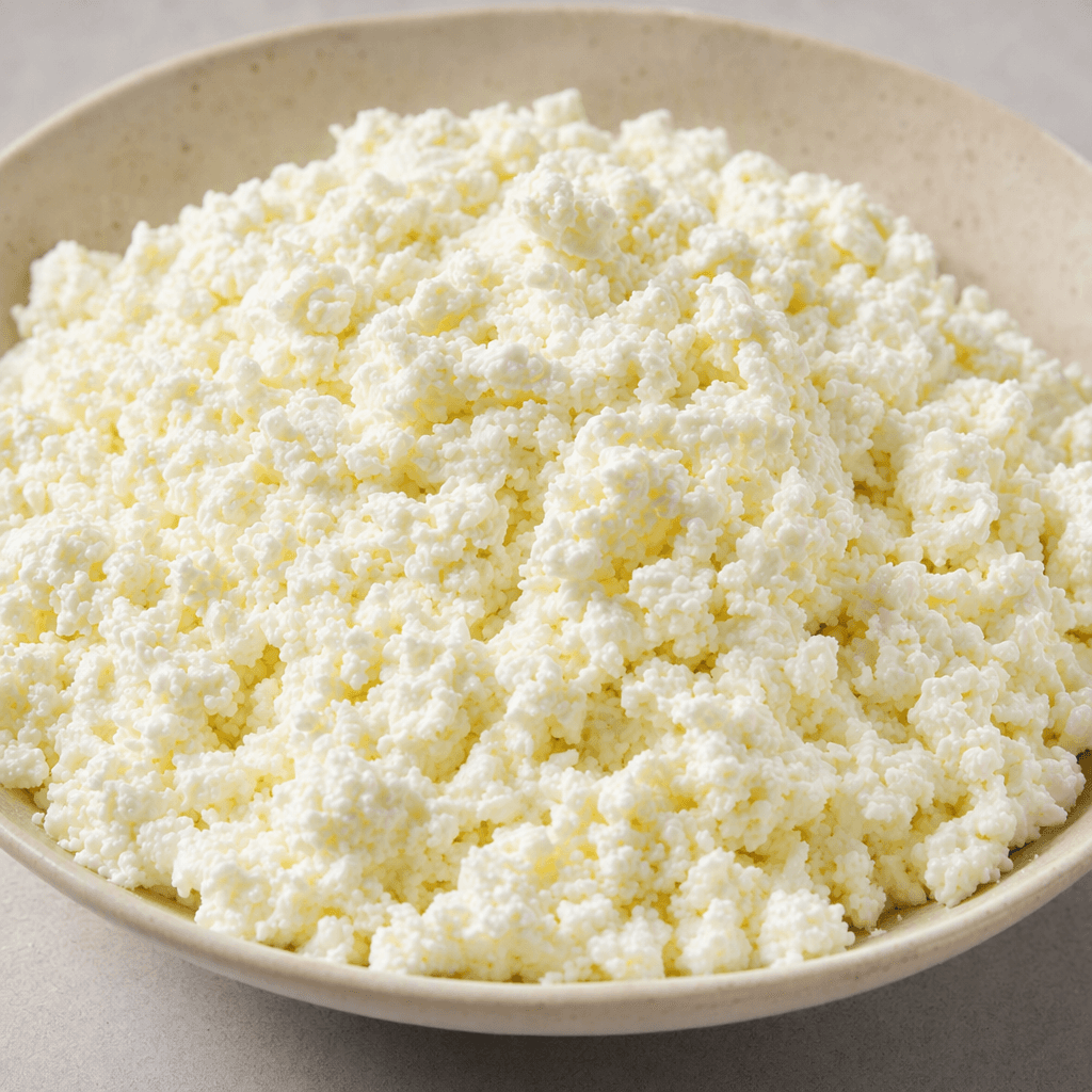 A mound of moist, soft white curds with a fine, slightly grainy texture and an irregular, loosely crumbled surface.
