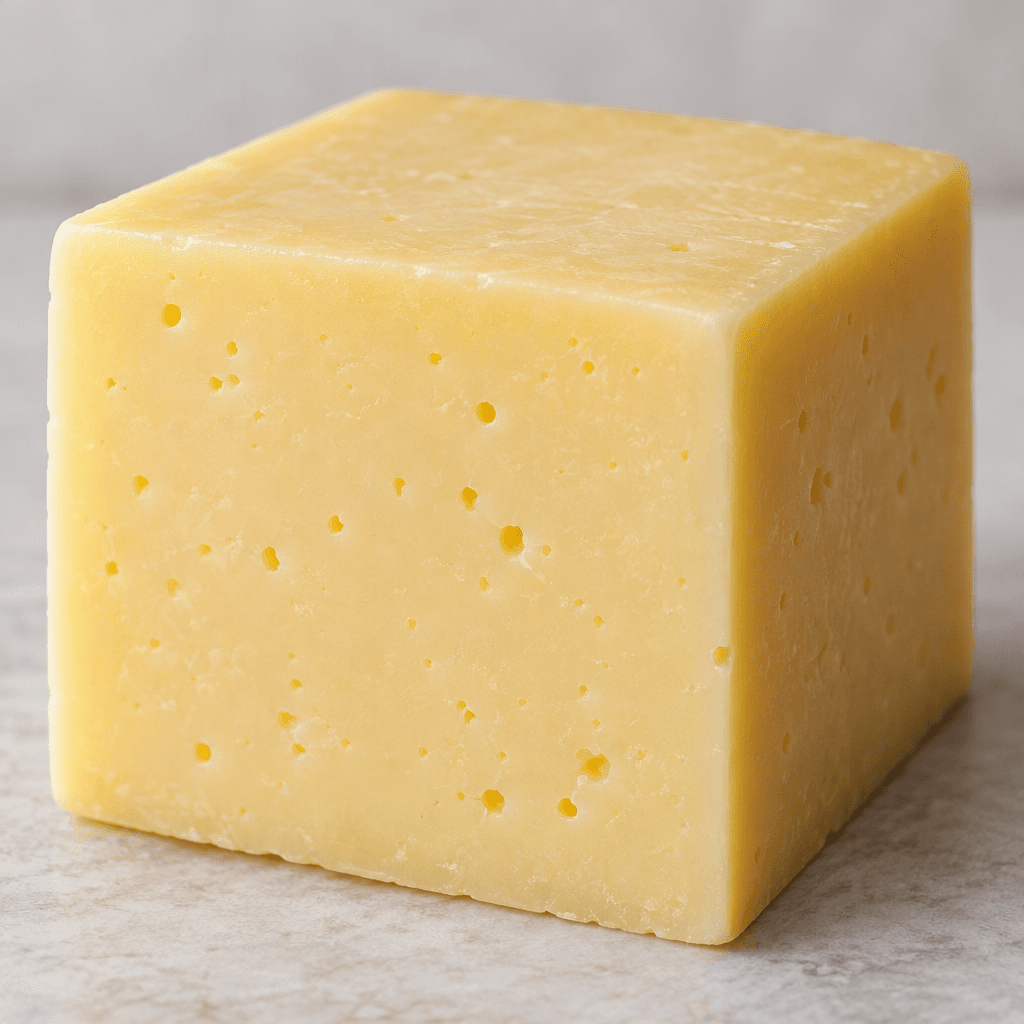 A compact block of pale straw-yellow cheese with a smooth, firm surface and a few tiny holes.