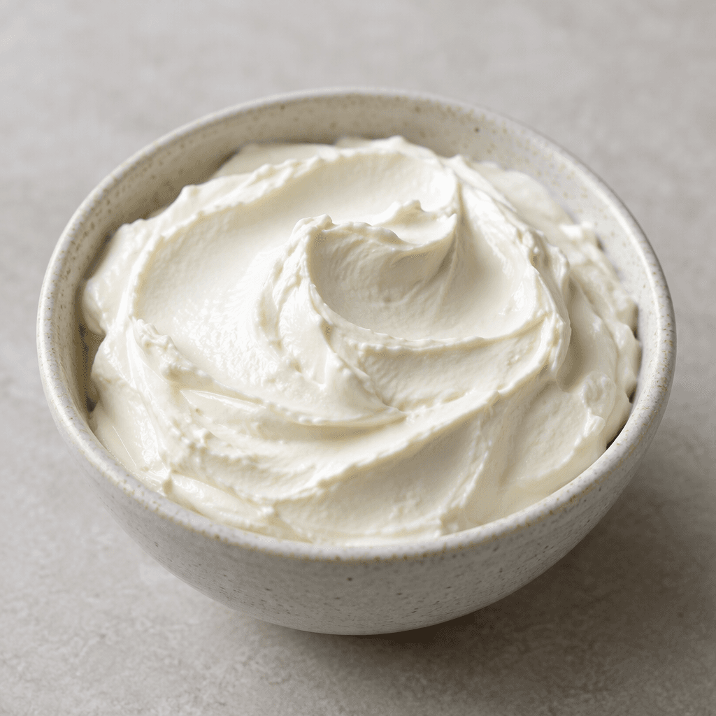 A thick, smooth, off-white fresh cheese sits in a small bowl, with soft swirls and gentle peaks on its creamy surface.