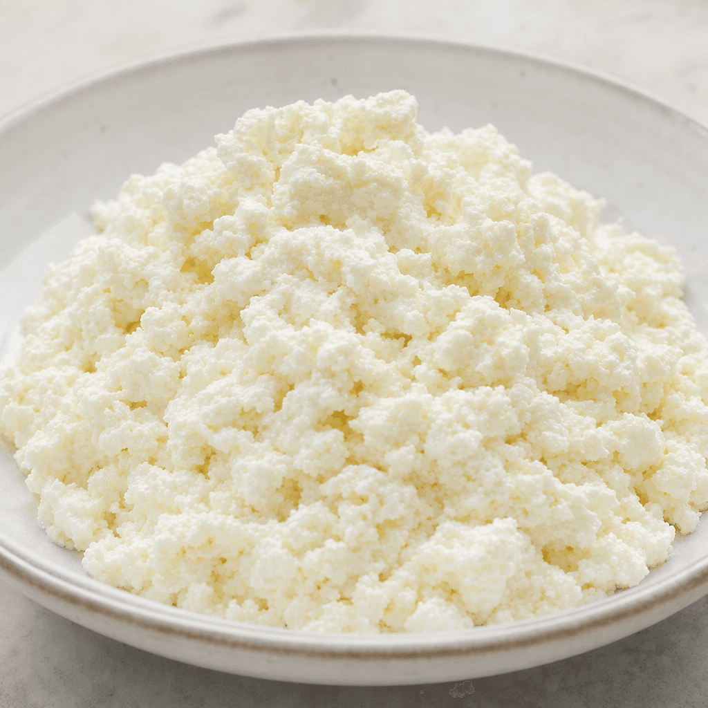 Soft, bright-white curd cheese with a moist, fine, slightly crumbly texture, gathered in a loose mound.