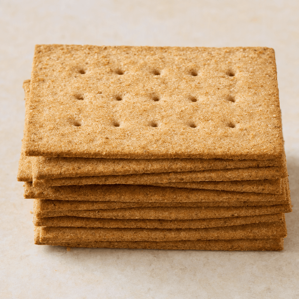 Several thin, flat rectangular whole-wheat crackers with lightly browned edges, a coarse brown-speckled surface, and small perforations are arranged in a neat stack.