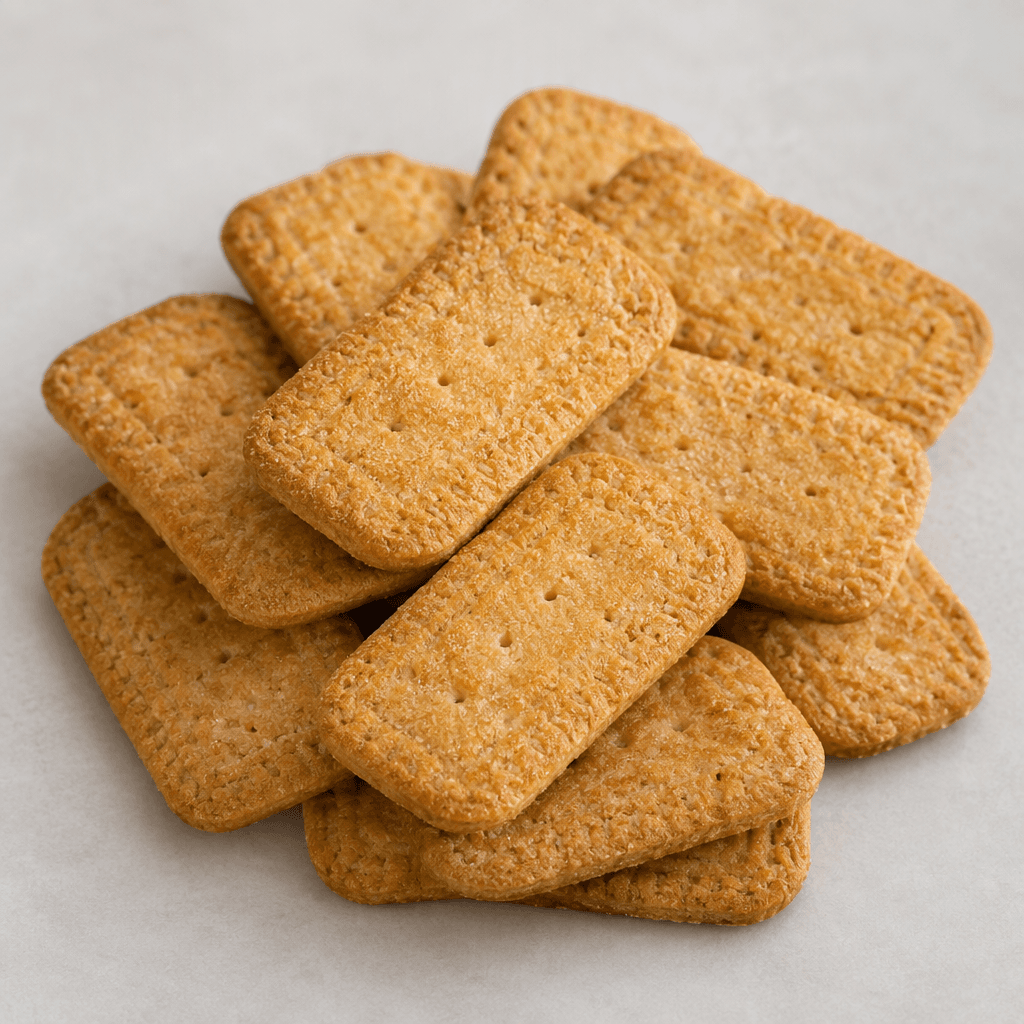 Small, thin, golden-brown biscuits with rounded rectangular edges, lightly embossed tops, and tiny pinholes are arranged in a loose stack, their surfaces showing a fine, slightly grainy texture.