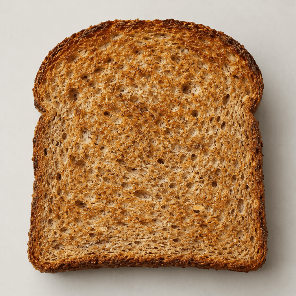A slice of whole wheat bread with a deep brown crust, a warm golden-brown toasted surface, and a dense, visibly grainy medium-brown crumb with small irregular air holes.